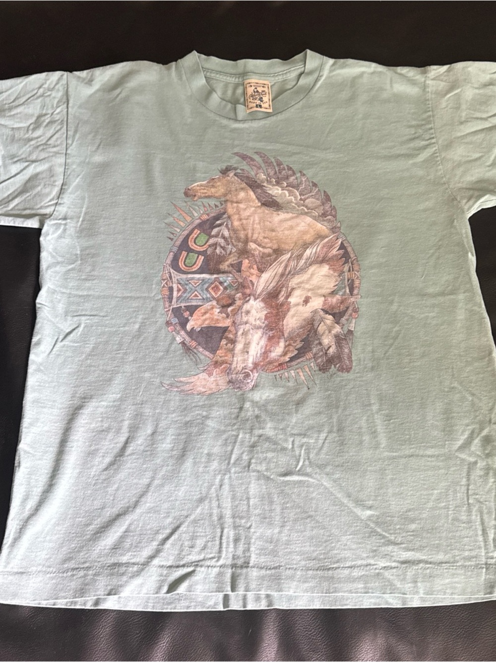 Vintage Single Stitch Teal Blue Summer Native Horse Tee Shirt Size L Alore USA